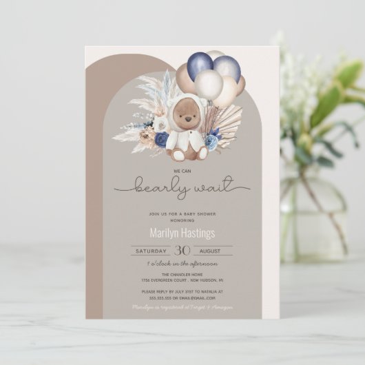 Invitation Boho Bear, on peut attendre Baby shower (Debout devant)