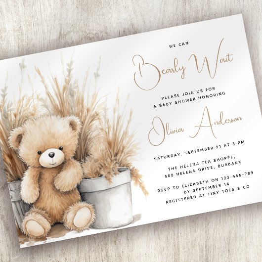 Invitation Boho Bear Pampas Grass Bearly Wait Baby shower