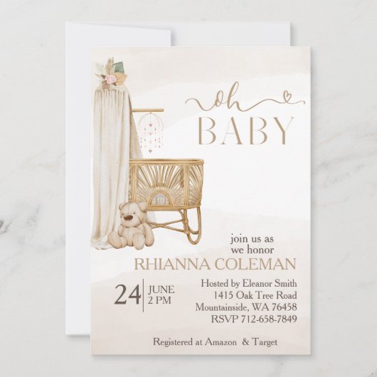 Invitation boho Bear pampas herbe baby shower fleuri (Devant)