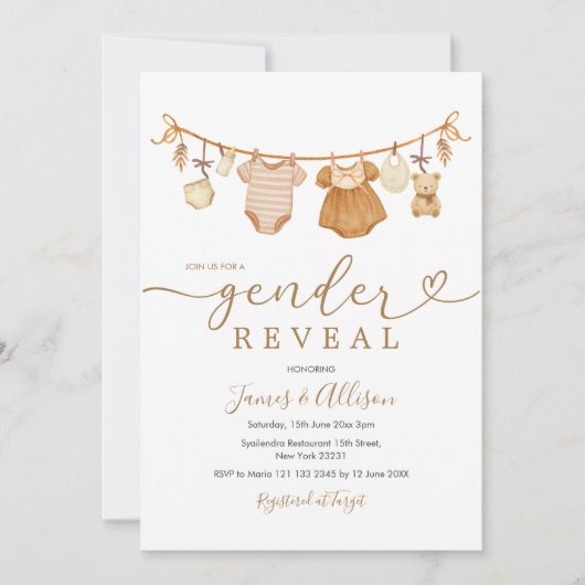 Invitation Boho Bear Rustic Baby Clothesline Genre Reveillez (Devant)