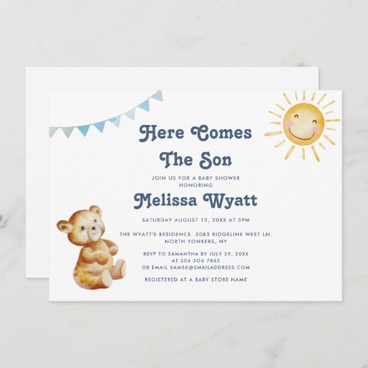 Invitation Boho Bear Voici Le Baby shower Fils Boy (Devant / Derrière)