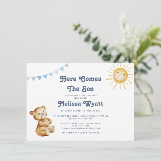 Invitation Boho Bear Voici Le Baby shower Fils Boy (Debout devant)