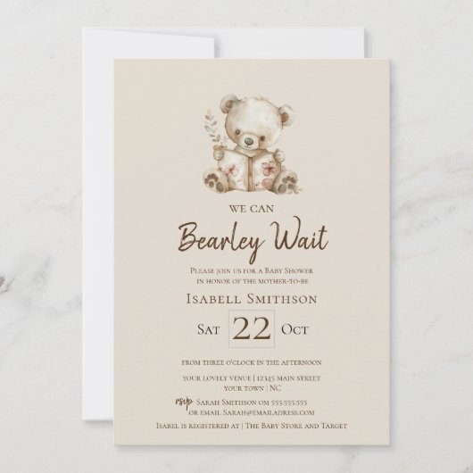 Invitation Boho Bearly Wait Storybook Bear Baby shower (Devant)