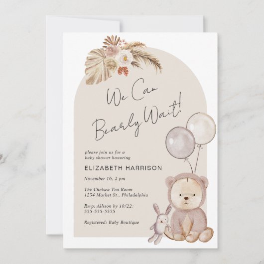 Invitation Boho Bearly Wait Teddy Bear Baby shower (Devant)