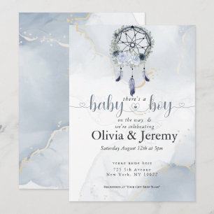 Invitation BOHO Bébé Garçon Attrape-Rêves Bleu Poussiéreux 