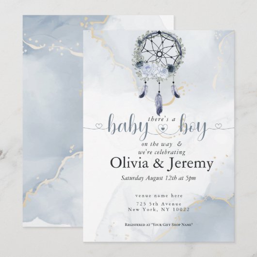 Invitation BOHO Bébé Garçon Attrape-Rêves Bleu Poussiéreux (Devant / Derrière)