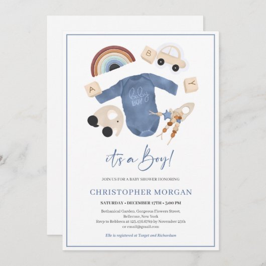 Invitation Boho bébé vêtements et jouets en bois arc-en-ciel (Devant / Derrière)