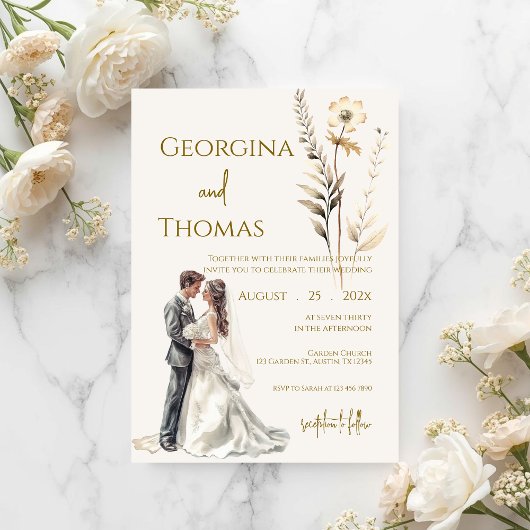 Invitation Boho beige avec mariée Mariage