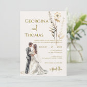 Invitation Boho beige avec mariée Mariage (Debout devant)