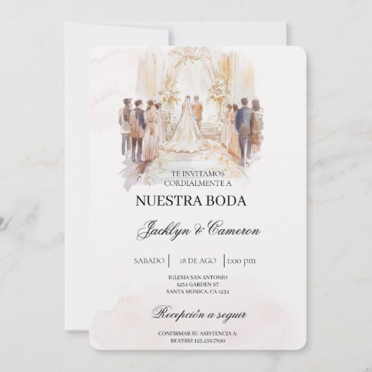 Invitation Boho beige avec mariée Mariage espagnol (Devant)