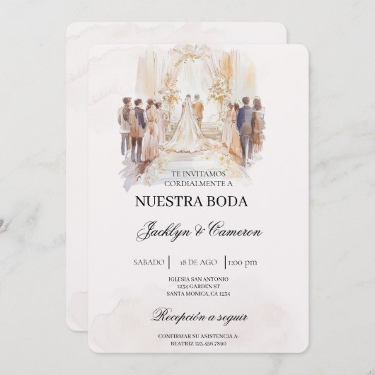 Invitation Boho beige avec mariée Mariage espagnol (Devant / Derrière)