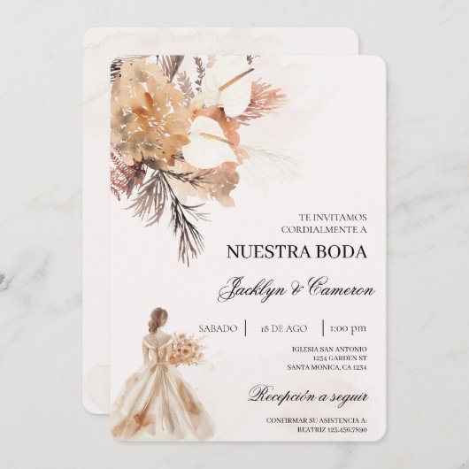 Invitation Boho beige avec mariée Mariage espagnol (Devant / Derrière)