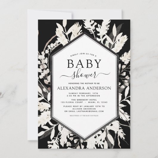 Invitation Boho Beige Black Baby shower botanique (Devant)