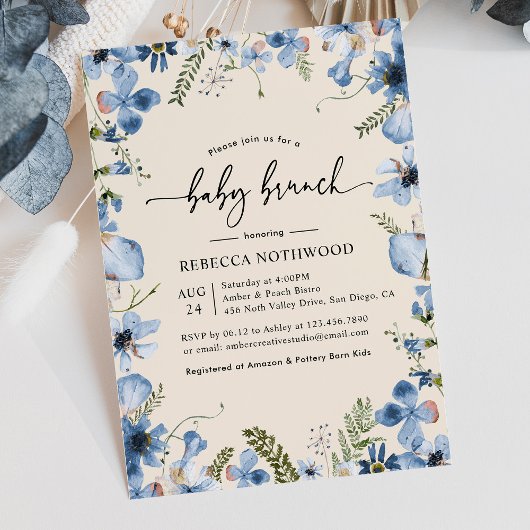 Invitation Boho Beige Bleu Floral Baby Boy Brunch Douche