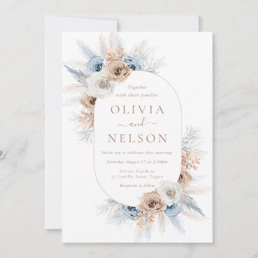 Invitation Boho Beige & Blue Floral Frame Mariage (Devant)