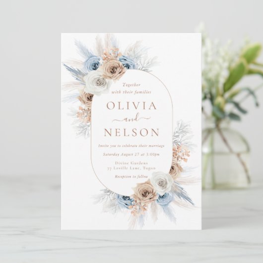 Invitation Boho Beige & Blue Floral Frame Mariage (Debout devant)