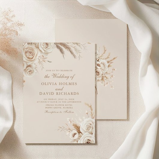 Invitation Boho Beige Dried Flower and White Roses Wedding