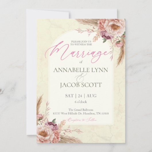 Invitation Boho beige et rose Mariage floral (Devant)