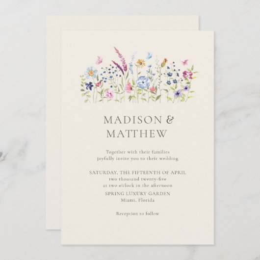 Invitation Boho Beige Fleur sauvage Mariage (Devant / Derrière)