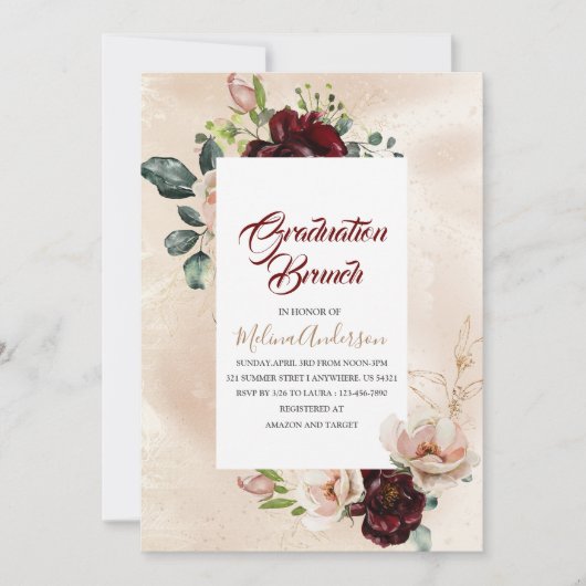 Invitation Boho Beige Fleurs d'aquarelle brunch de graduation (Devant)