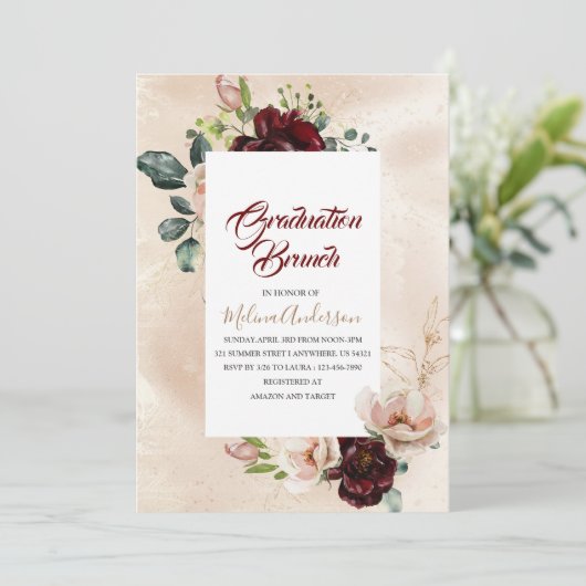Invitation Boho Beige Fleurs d'aquarelle brunch de graduation (Debout devant)