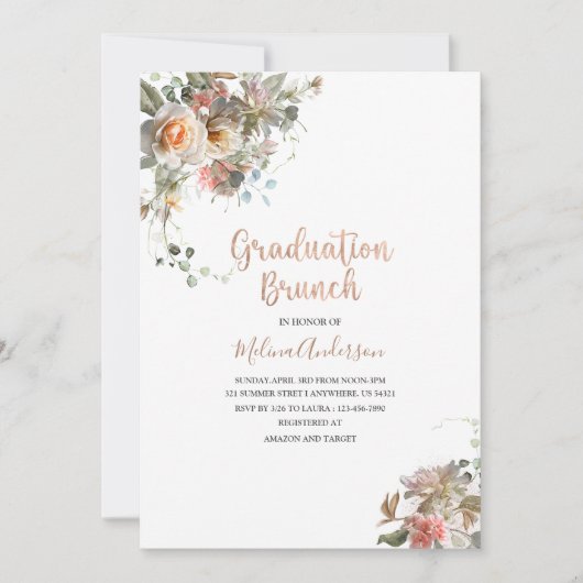 Invitation Boho Beige Fleurs d'aquarelle brunch de graduation (Devant)