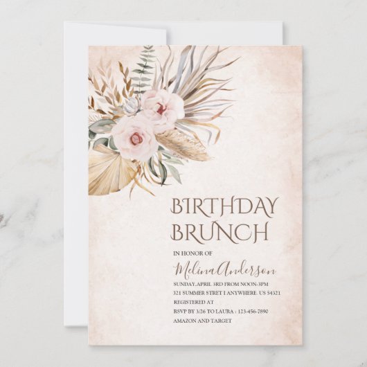 Invitation Boho Beige Fleurs d'aquarelle d'anniversaire brunc (Devant)