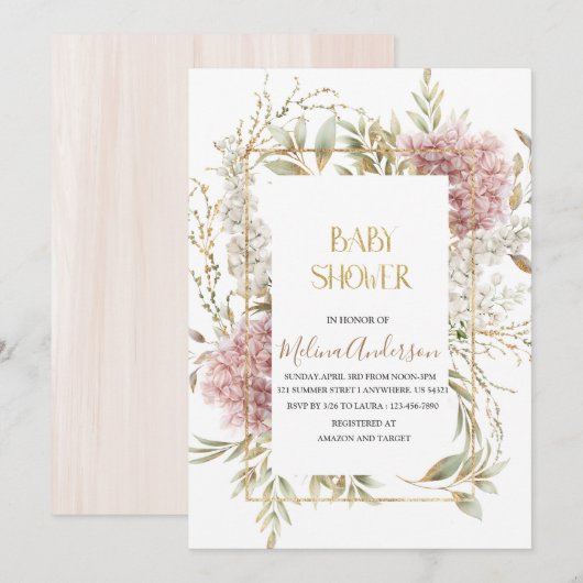 Invitation Boho Beige Fleurs or aquarelle baby shower (Devant / Derrière)