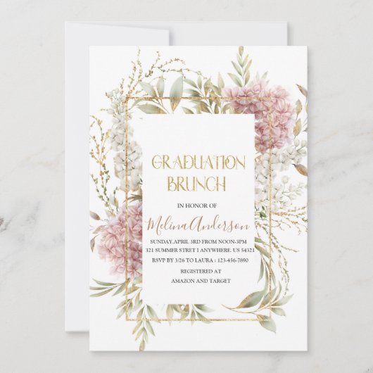 Invitation Boho Beige Fleurs or aquarelle or graduation br (Devant)