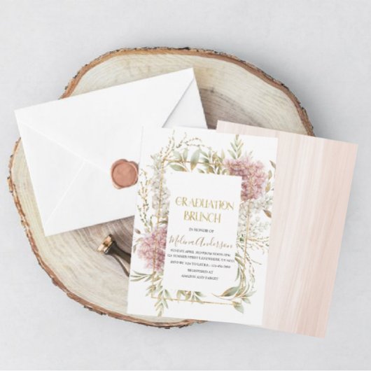 Invitation Boho Beige Fleurs or aquarelle or graduation br