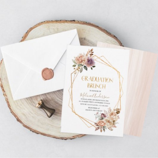 Invitation Boho Beige Fleurs or aquarelle or graduation br