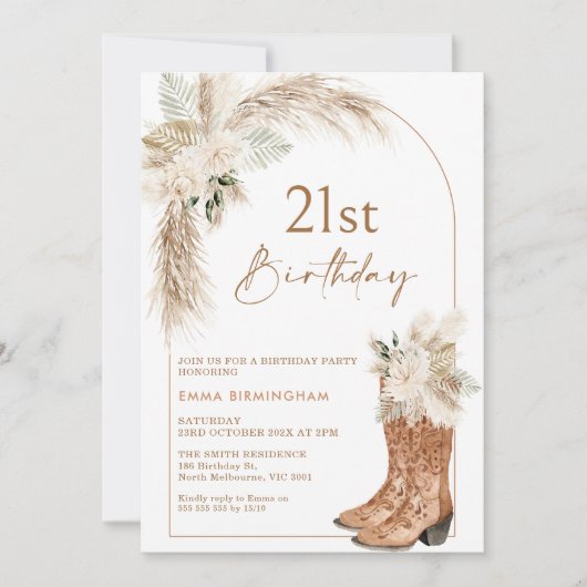 Invitation Boho Beige Floral Boots 21e anniversaire (Devant)