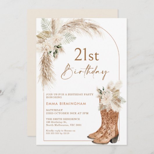 Invitation Boho Beige Floral Boots 21e anniversaire (Devant / Derrière)