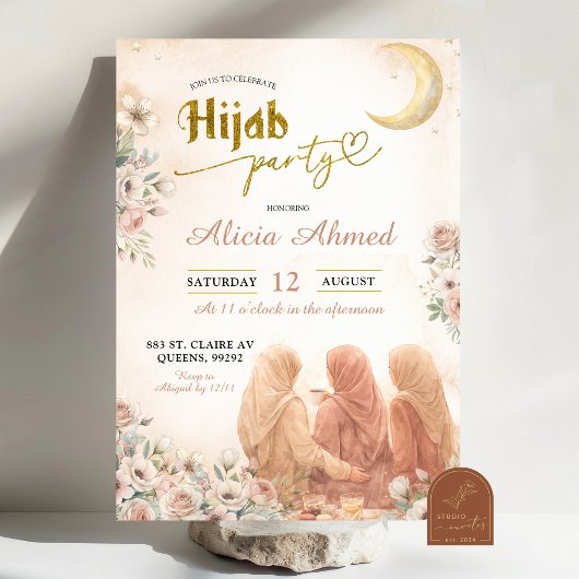 Invitation Boho Beige Floral Hijab Fête