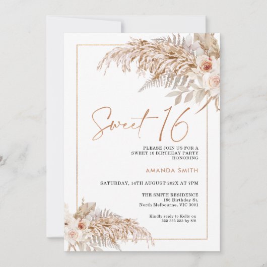 Invitation Boho Beige Floral Pampas Grass 16e anniversaire (Devant)