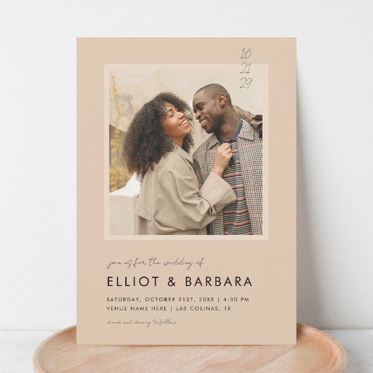 Invitation Boho Beige Modern Script 2 Photo QR Code Mariage