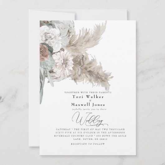Invitation Boho Beige Pampas Aucun Parent Écru Mariage (Devant)