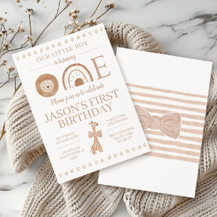 Invitation Boho Beige Petit Garçon Animal Premier Anniversair