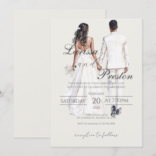 Invitation Boho beige with bride and groom wedding (Devant / Derrière)