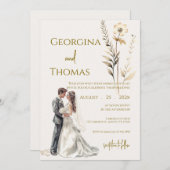 Invitation Boho beige with bride Wedding  (Devant / Derrière)