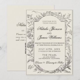 Invitation Boho Black Cream Floral Botanical QR Code Wedding