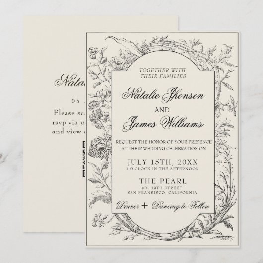Invitation Boho Black Cream Floral Botanical QR Code Wedding (Devant / Derrière)