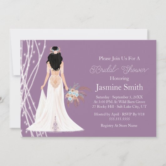 Invitation Boho Black Hair Bride Avec Perles Fête des mariées (Devant)