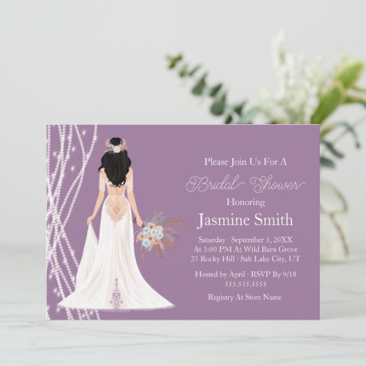 Invitation Boho Black Hair Bride Avec Perles Fête des mariées (Debout devant)