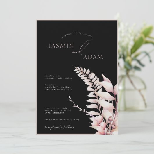 Invitation Boho Black Soft Pink Simple Mariage (Debout devant)