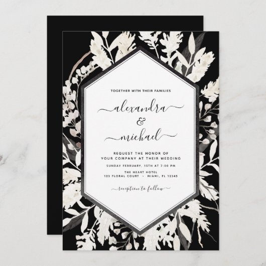 Invitation Boho Black White Beige Botanique Mariage (Devant / Derrière)