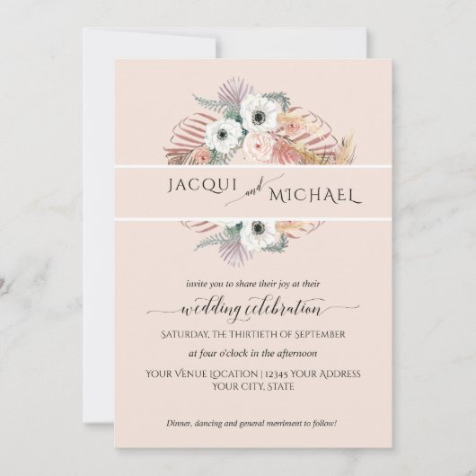 Invitation Boho Blanc Blush Floral Palm Folio Pampas Grass (Devant)