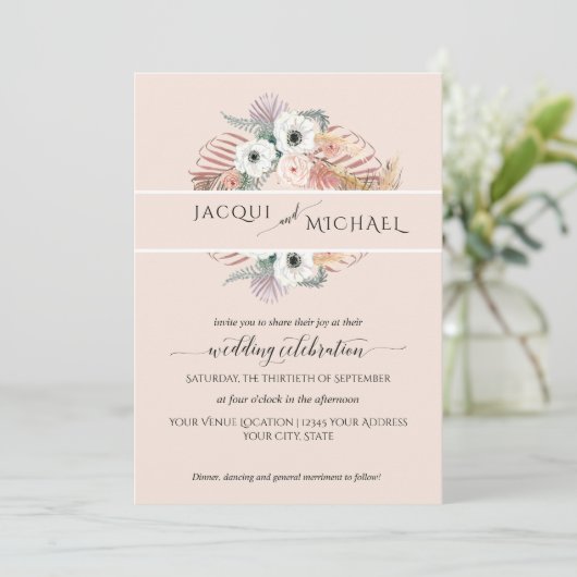 Invitation Boho Blanc Blush Floral Palm Folio Pampas Grass (Debout devant)