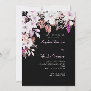 Invitation Boho Blanc et rose Floral Automne Mariage noir