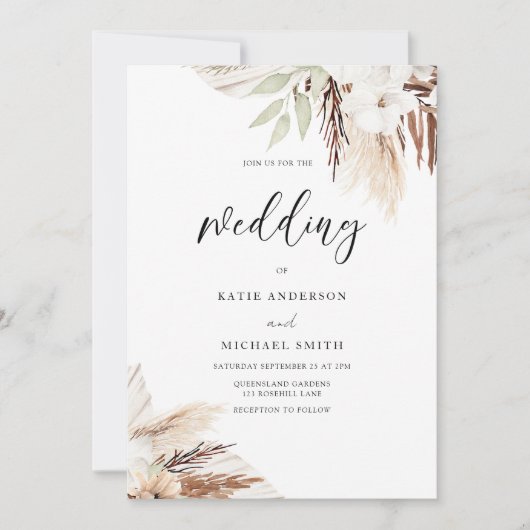 Invitation Boho Blanc Floral Élégant Mariage (Devant)